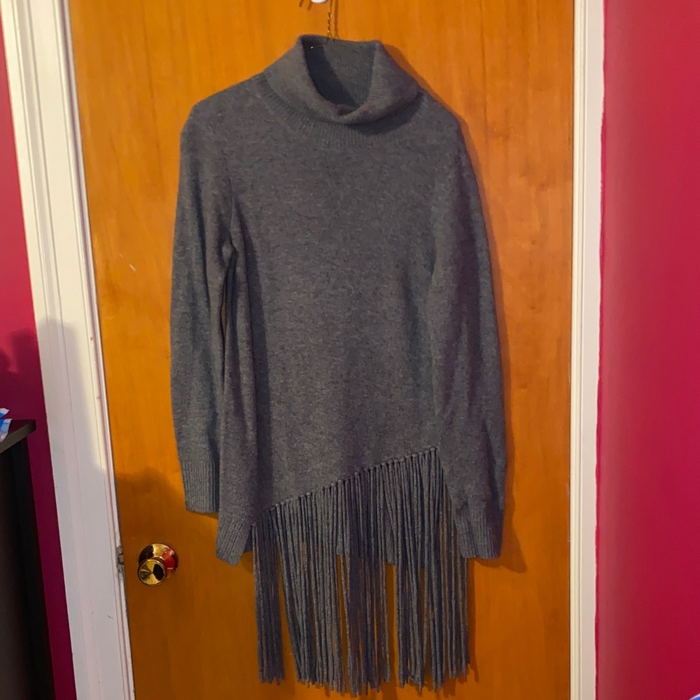 Saks Fifth Avenue Cashmere Charcoal Fringe Turtleneck Sweater